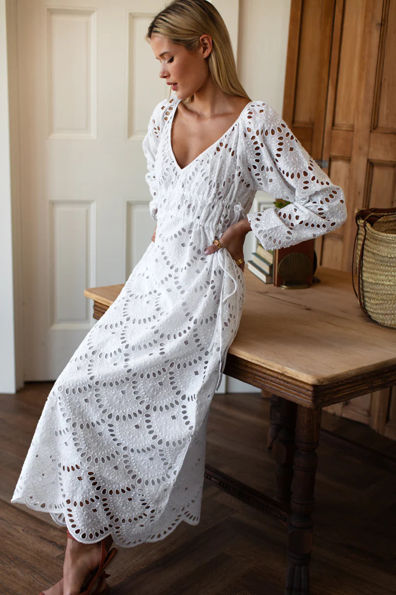 Double Waist Tie Dress in White Scallop Eyelet