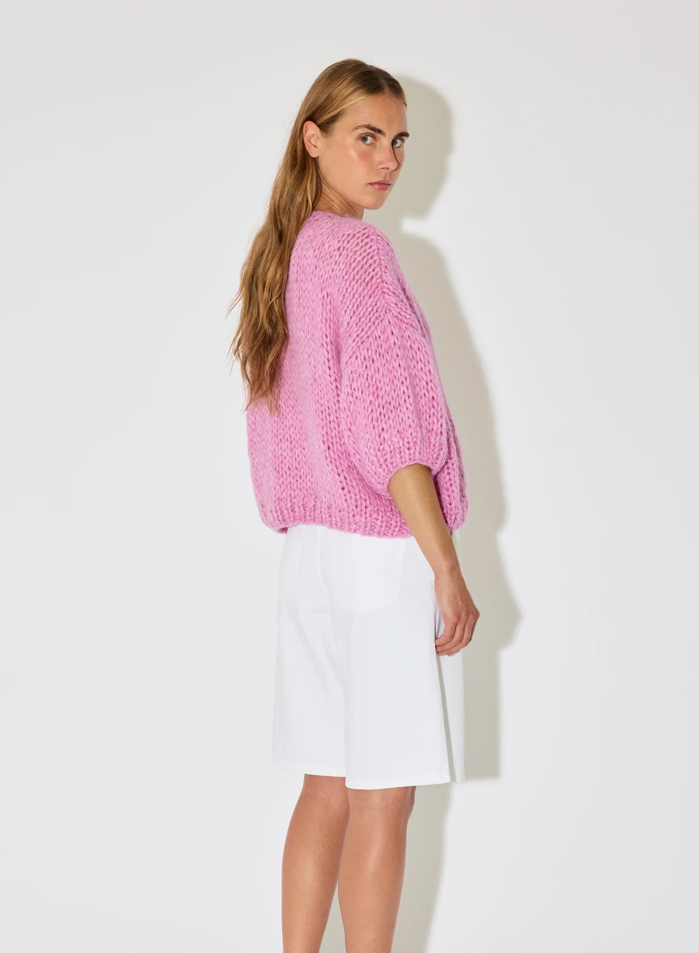 Alpaca Bomber Cardigan Short Sleeve in Pink Melange