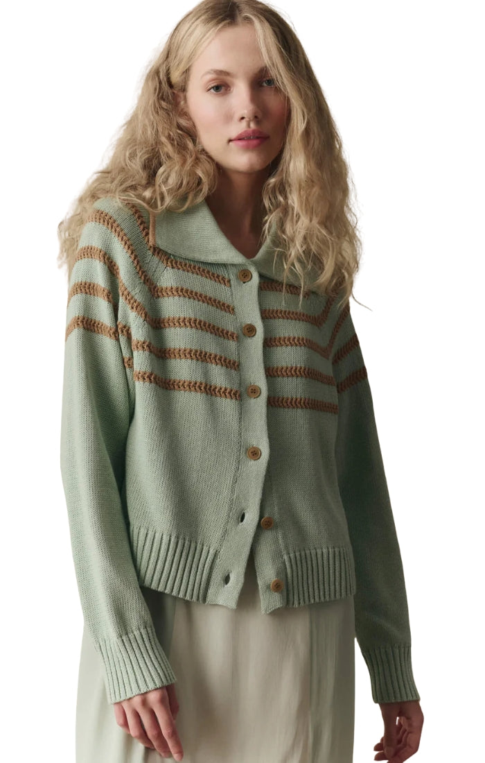 The Scholar Cardigan w/ Crochet Stripes in Seafoam