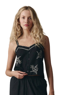 The Weekend Tank w/ Hanky Embroidery in Black