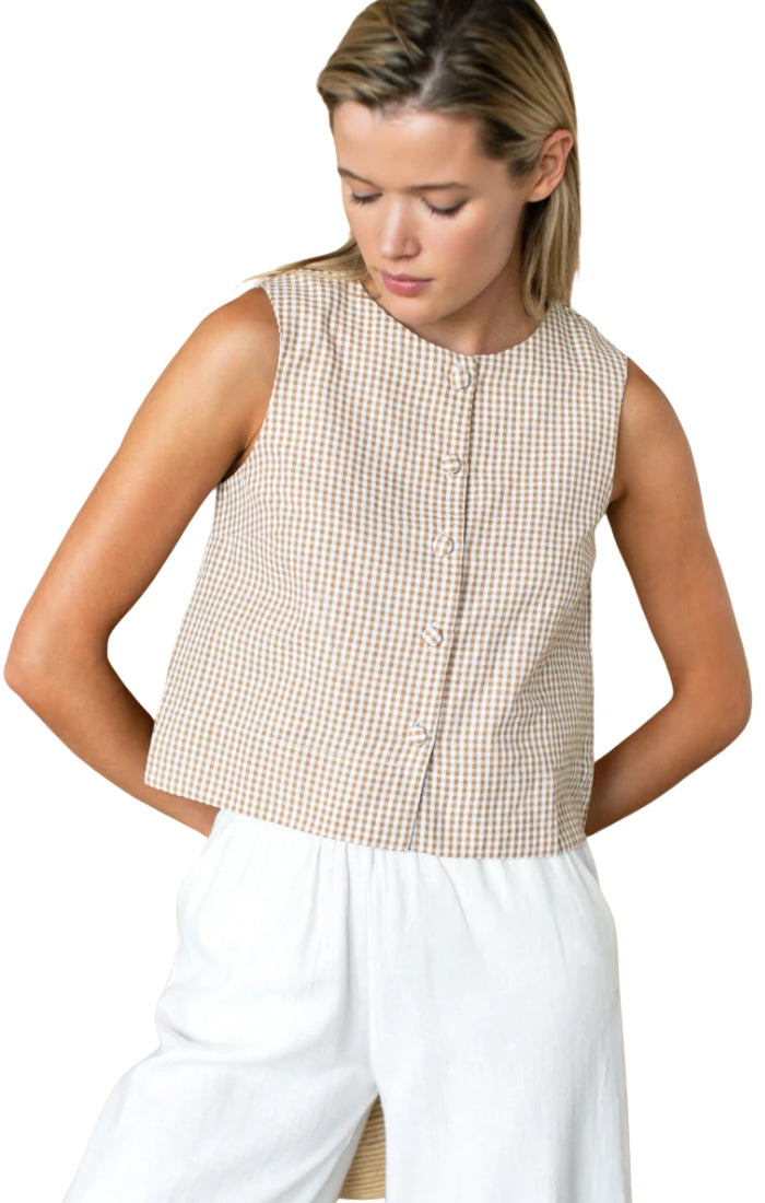 Button Front Wide Hem Top in Cafe Check