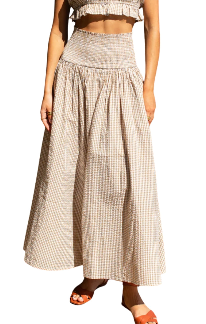 Smocked Maxi Skirt in Cafe Check
