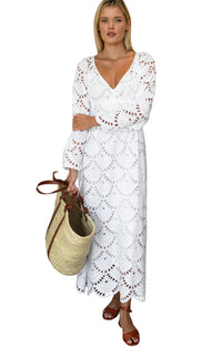 Double Waist Tie Dress in White Scallop Eyelet