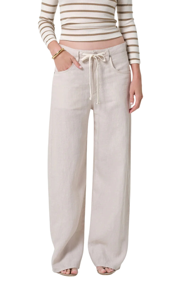 Brynn Drawstring Linen Trouser in Pale Stone
