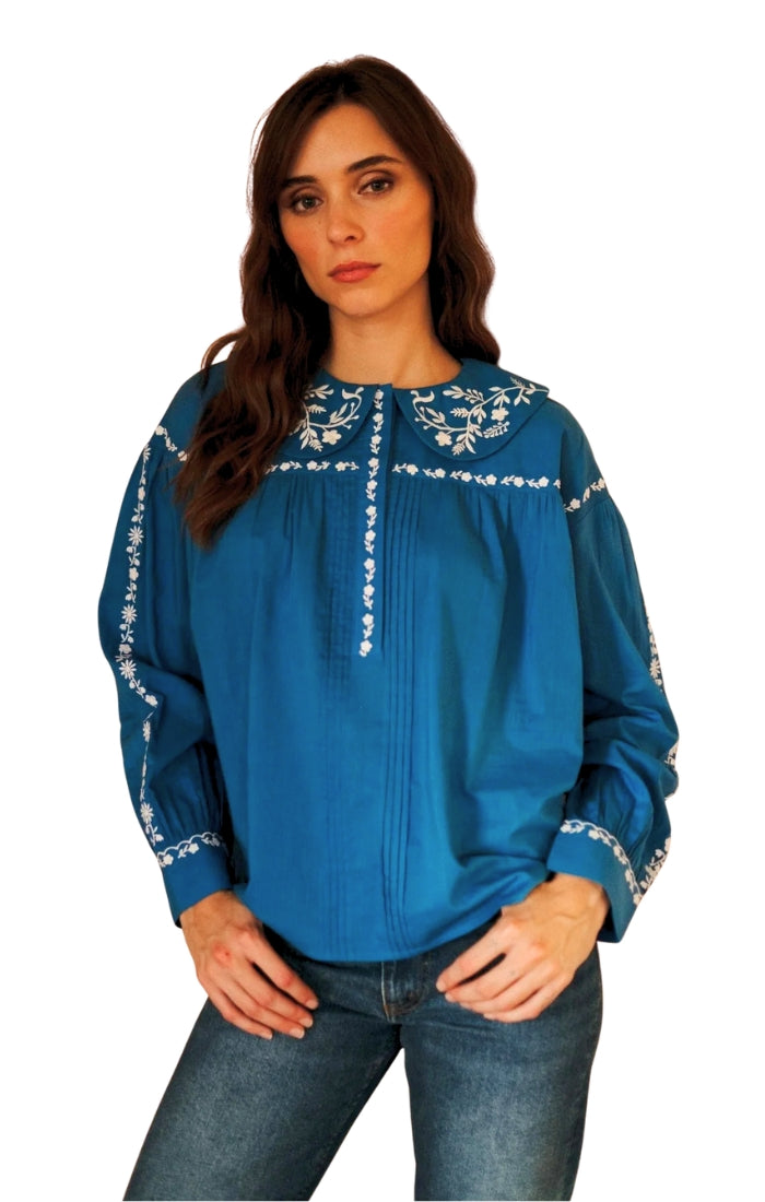 Naya Top in Cerulean Embroidery