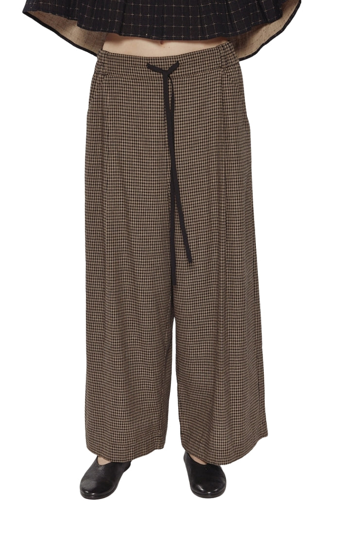 Check Wide-Leg Drawstring Trousers