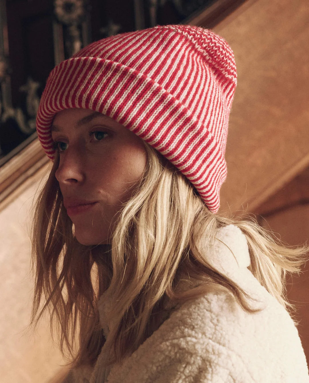 The Striped Beanie in Red