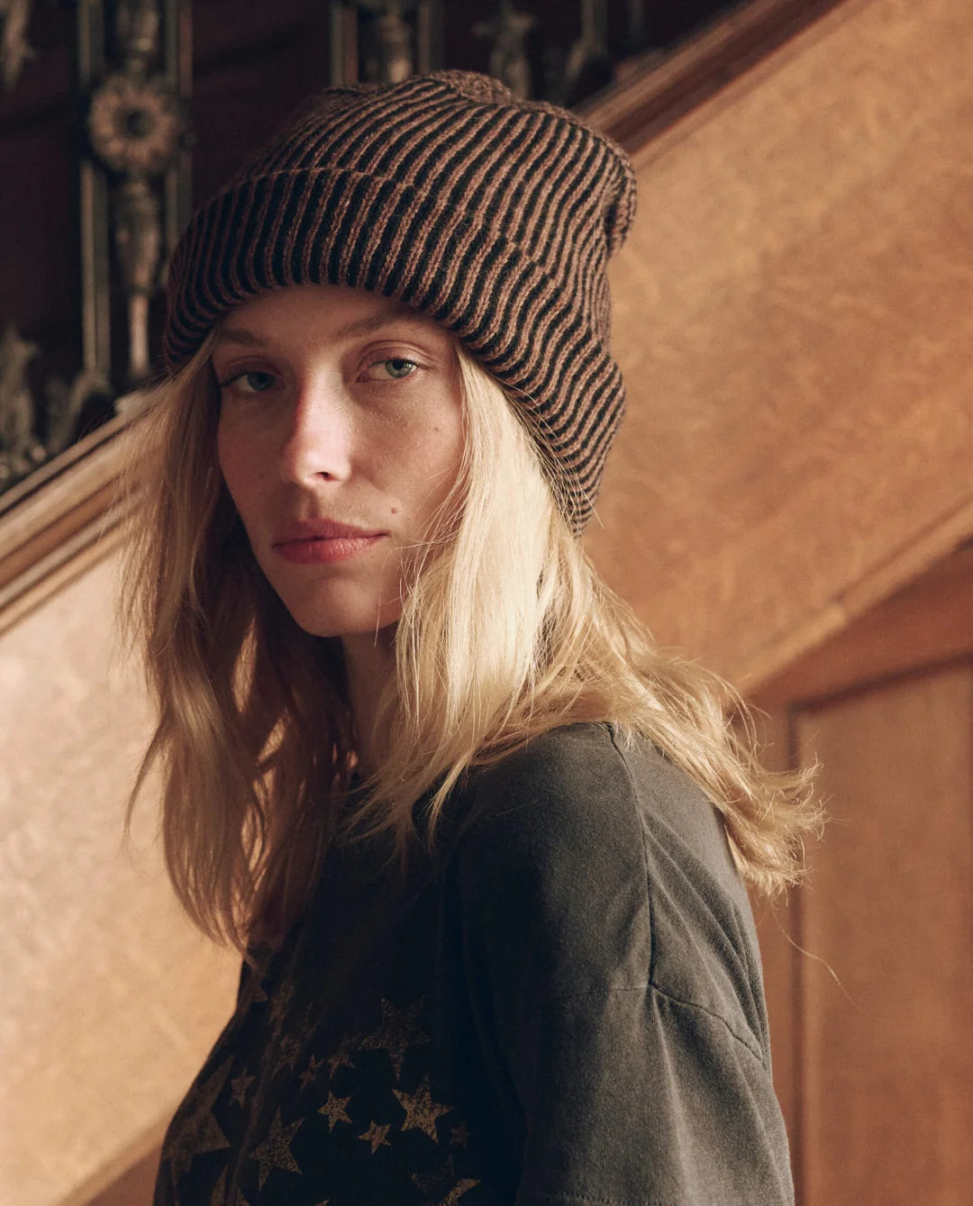 The Striped Beanie in Brown