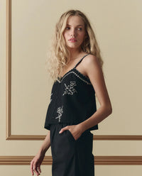 The Weekend Tank w/ Hanky Embroidery in Black