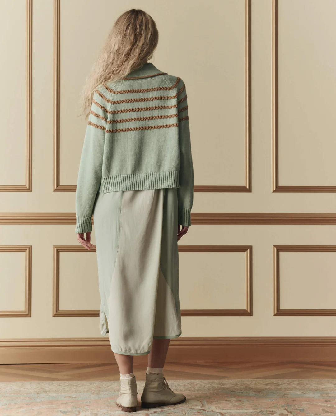 The Scholar Cardigan w/ Crochet Stripes in Seafoam