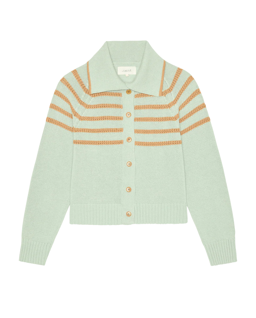 The Scholar Cardigan w/ Crochet Stripes in Seafoam
