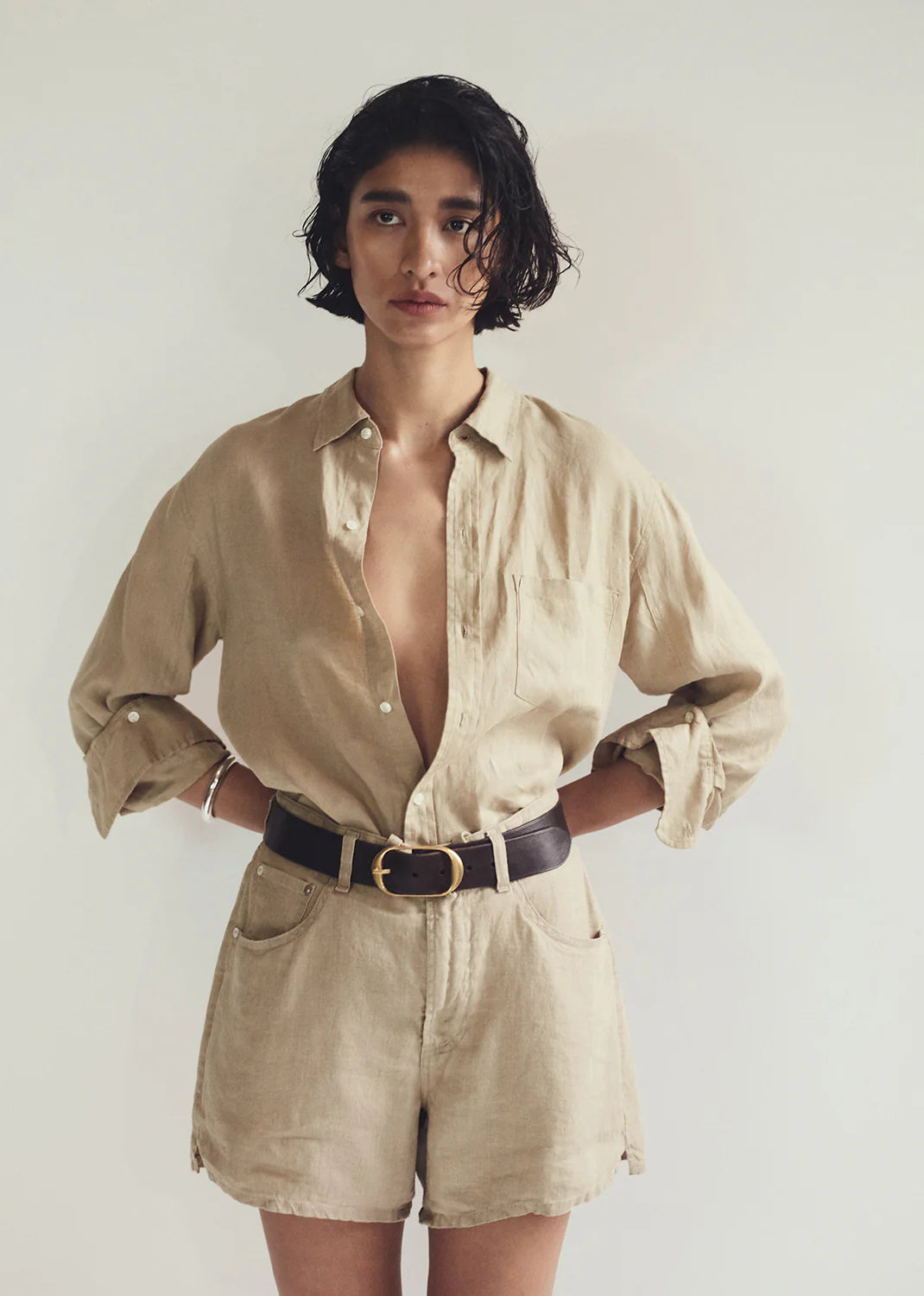 Kayla Shrunken Linen Shirt in Gobi