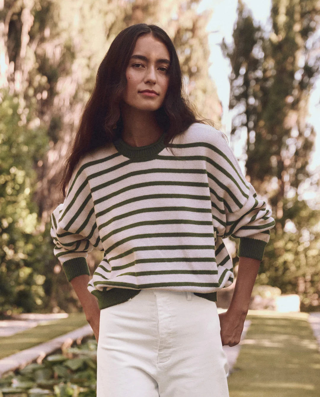 The Roll Neck Pullover in Olive & Cream Stripe