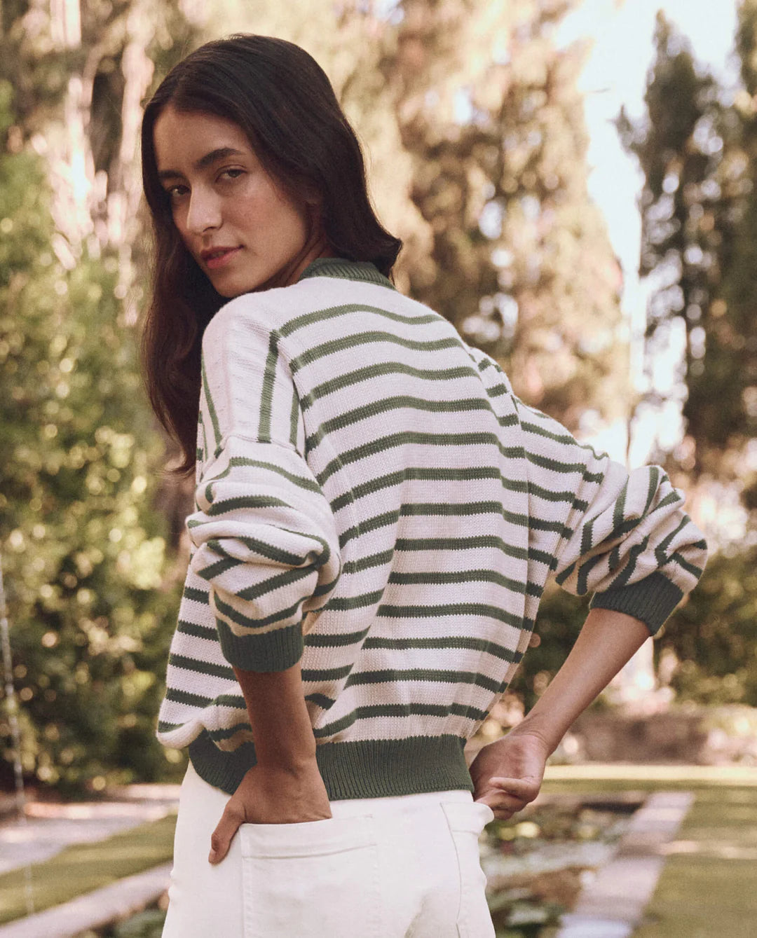 The Roll Neck Pullover in Olive & Cream Stripe