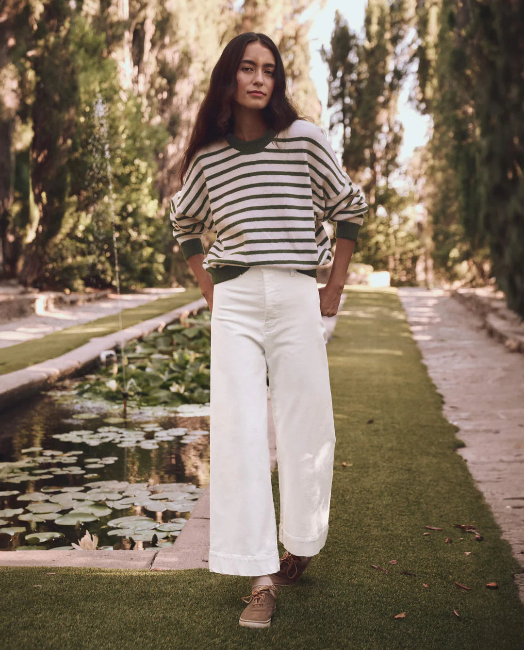 The Roll Neck Pullover in Olive & Cream Stripe