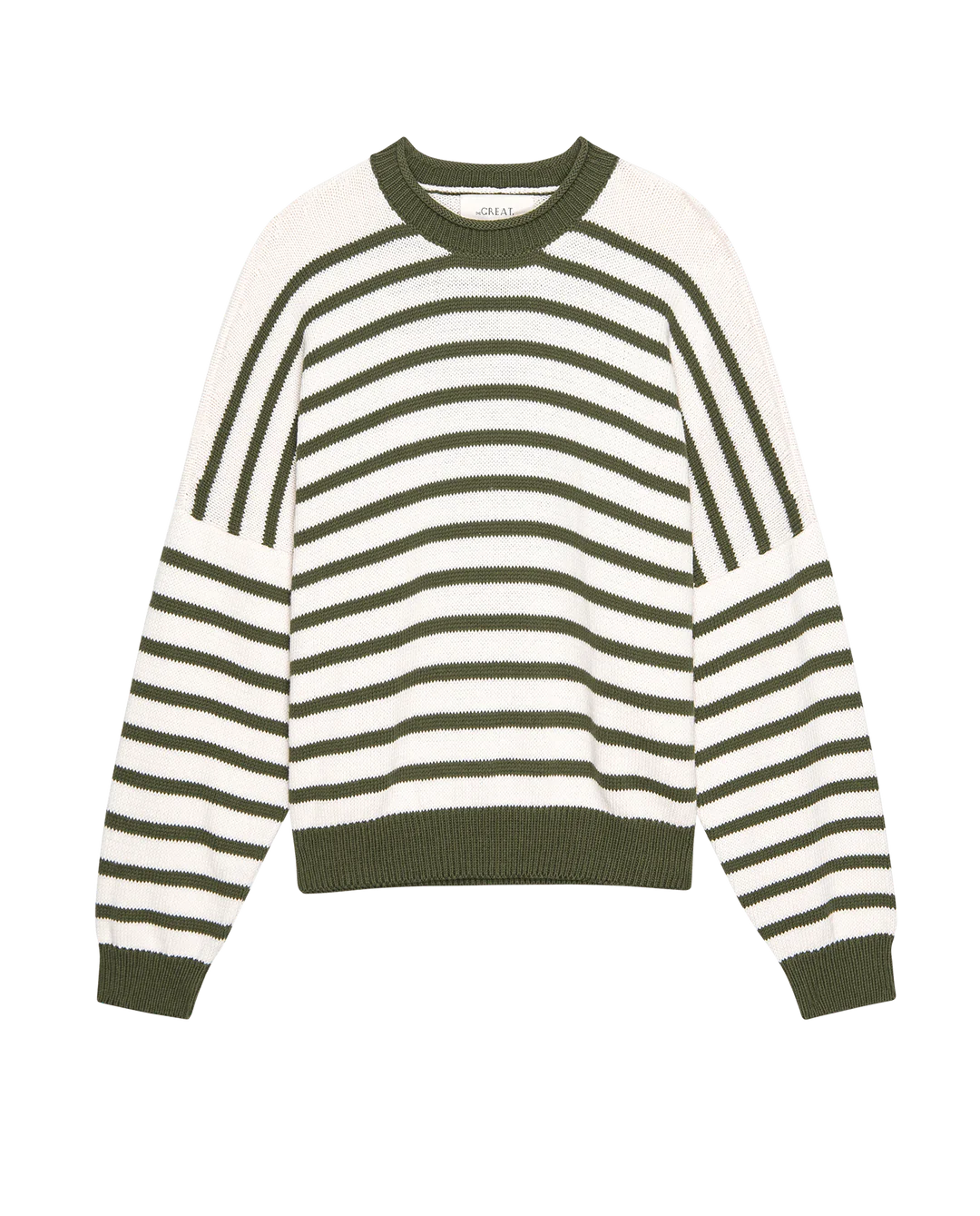 The Roll Neck Pullover in Olive & Cream Stripe