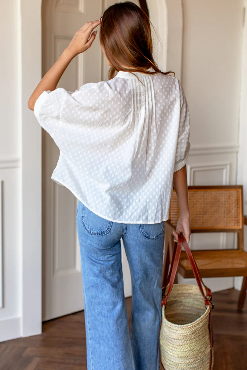 Mandarin Collar Organic Top in Swiss Dot