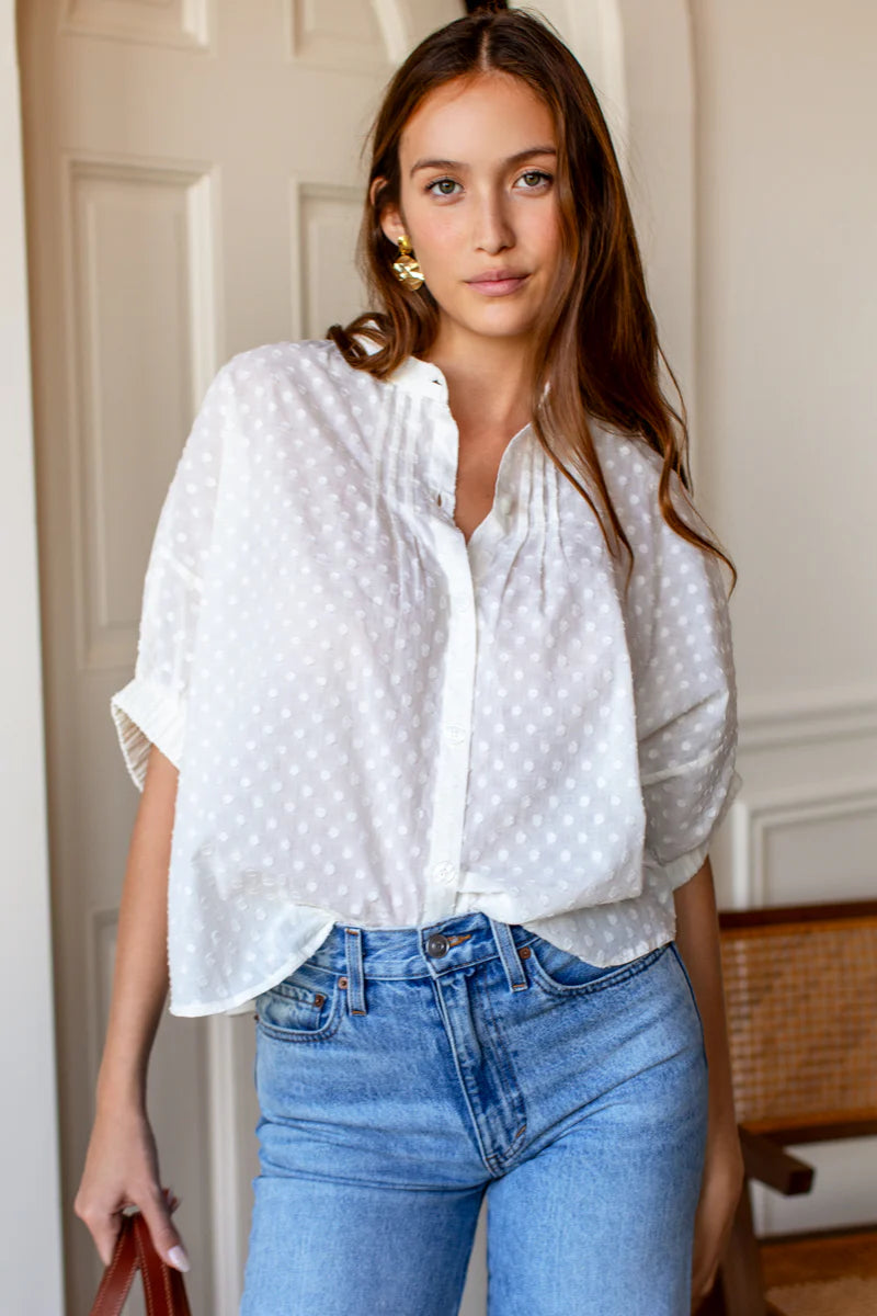 Mandarin Collar Organic Top in Swiss Dot